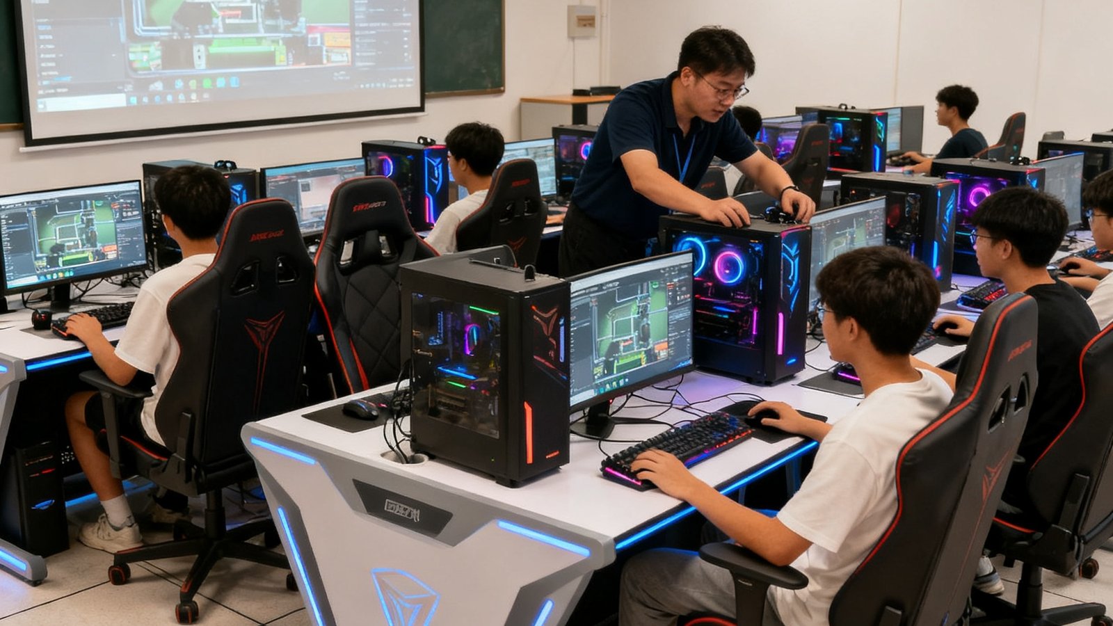 电竞专业实训课堂场景，十几名学生坐在配置了专业电竞设备的一体化实训台前操作，教师穿梭其间进行一对一指导，教室前方的大屏幕上播放着实时操作演示画面