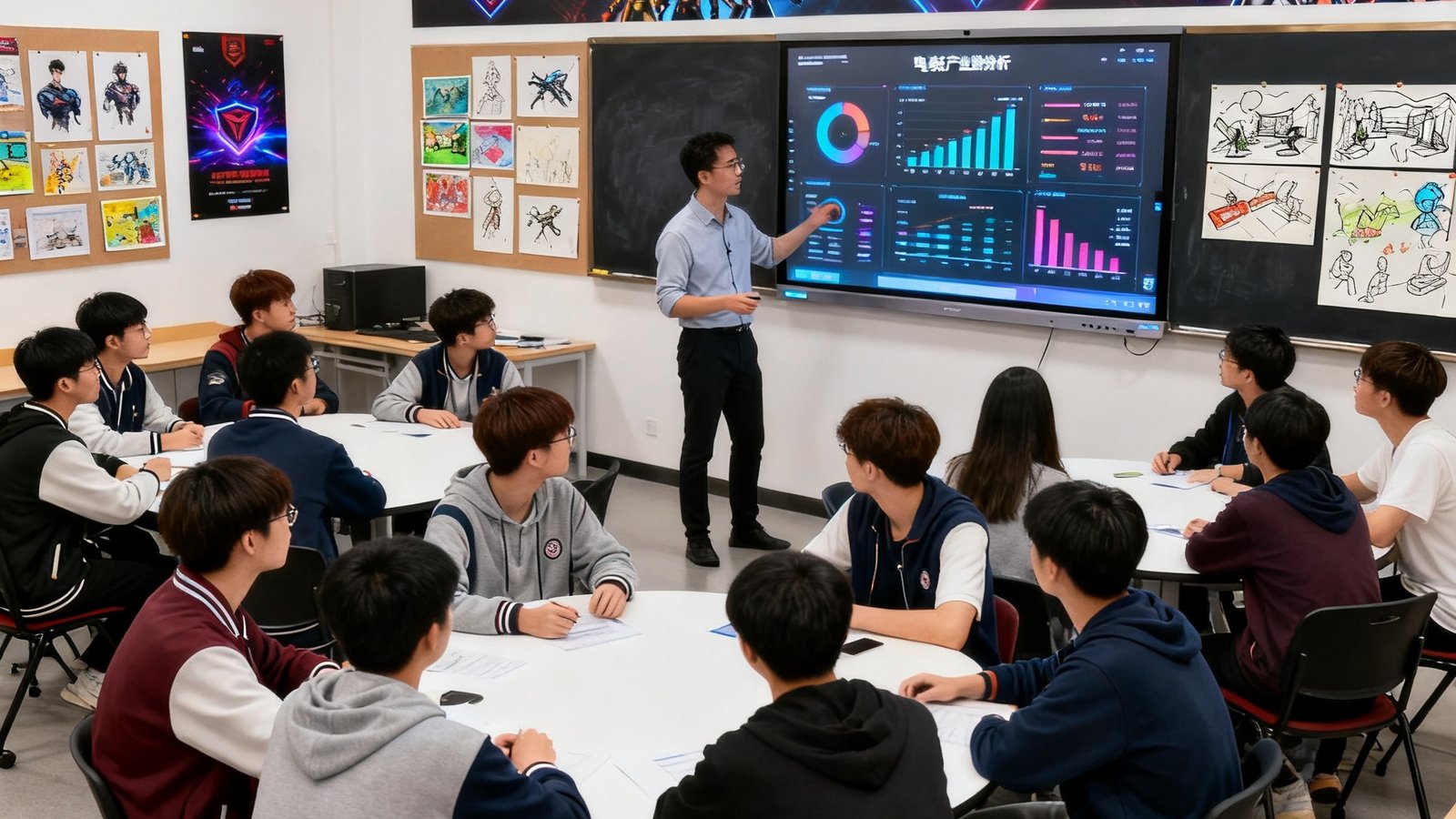 高校电竞专业教室场景，二十余名大学生分组围坐在圆桌旁热烈讨论，讲师在智能黑板前展示着电竞产业数据分析图表，教室墙壁上装饰着电竞主题海报和学生作品展示