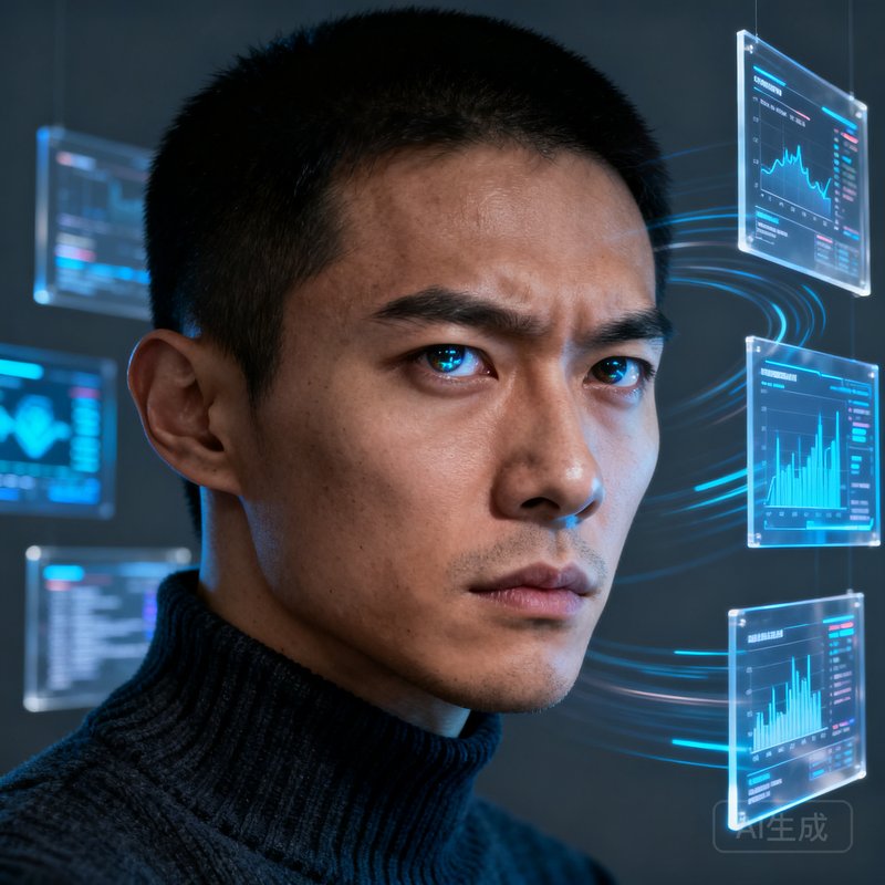 一位面容坚毅的三十岁男性半身肖像，他曾是LPL职业选手，如今转型为数据分析师，穿着深色高领毛衣，眼神中既有竞技者的锐利也有研究者的沉静，背景是数据可视化屏幕