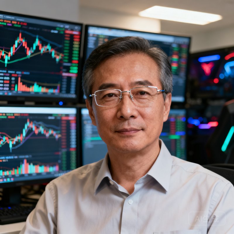 一位四十五岁左右、戴着无框眼镜的男性肖像，他拥有多年金融数据分析背景，穿着浅色衬衫，神情沉稳而理性，身后的多台显示器上跳动着复杂的金融数据图表和电竞产业指标