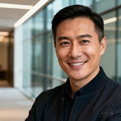 一位穿着深色商务休闲夹克、面带自信微笑的三十多岁男性职业经理人半身肖像照，背景是现代化的办公环境，眼神中透露出专业与沉稳